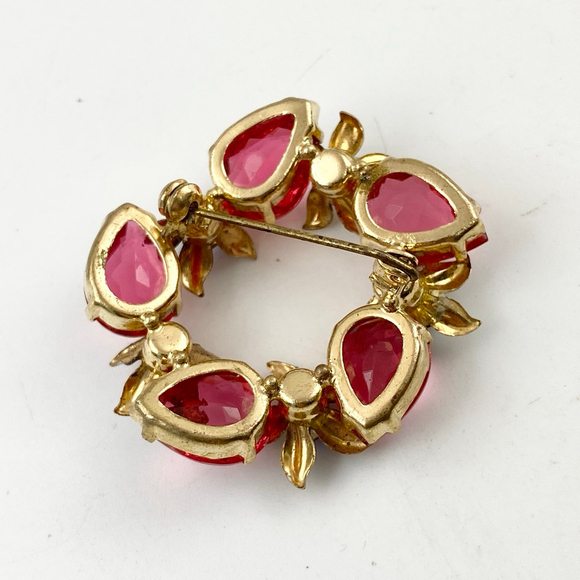 Vintage Austrian Coral Pink Rhinestone Gold Tone Enamel Flower Glass Brooch - Picture 5 of 6
